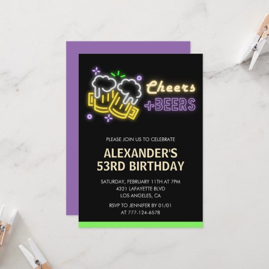 Invitation d'anniversaire 53 ans Neon Cheers Beer  (Devant/Arrière en situation)