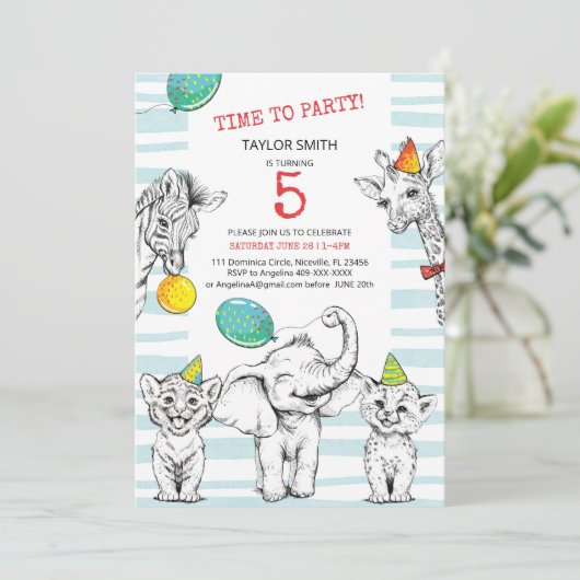 Invitation d'anniversaire 5 ans avec un animal mig (Debout devant)