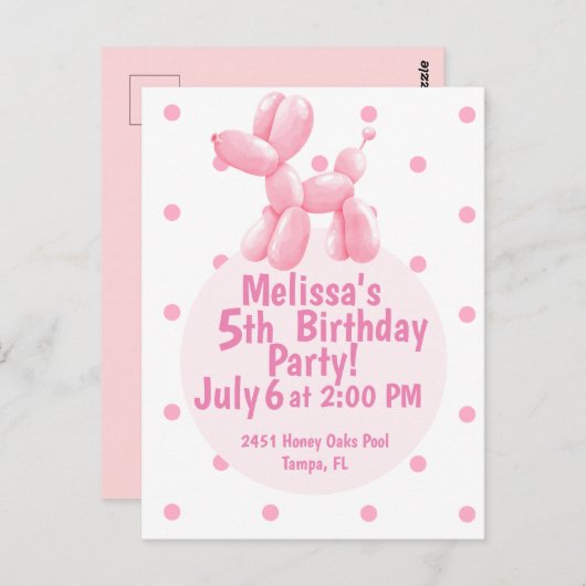 Invitation d'anniversaire 5 ans ballon chien rose (Devant / Derrière)