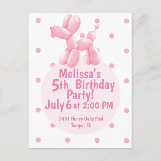 Invitation d'anniversaire 5 ans ballon chien rose (Devant)