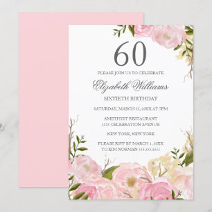 Invitation d'anniversaire 60 ans aquarelle rose bl