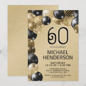 Invitation d'anniversaire 60 ans avec ballons doré (Devant / Derrière)