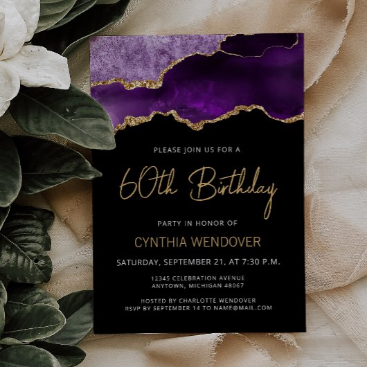 Invitation d'anniversaire 60 ans en Agate Or Viole