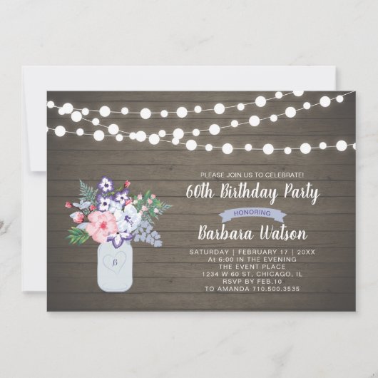 Invitation d'anniversaire 60 ans en bois rustique (Devant)
