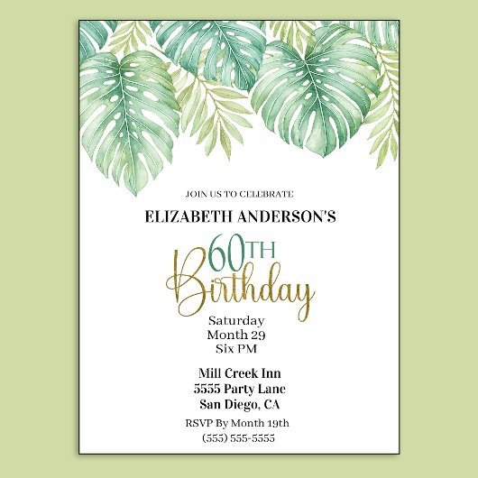 Invitation d'anniversaire 60 ans Feuilles Tropical