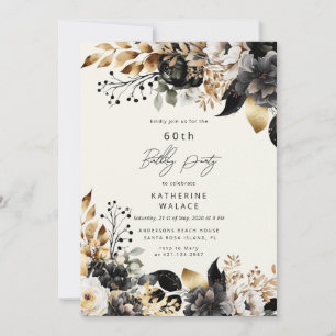 Invitation d'anniversaire 60 ans Fleurs Or Noir Aq