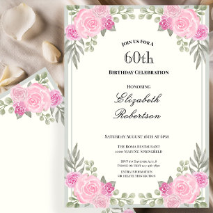 Invitation d'anniversaire 60 ans Fleurs Rose et Ve
