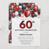 Invitation d'anniversaire 60 ans Noir Rouge Argent (Devant / Derrière)