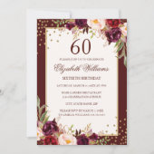 Invitation d'anniversaire 60 ans or burgundy flora (Devant)