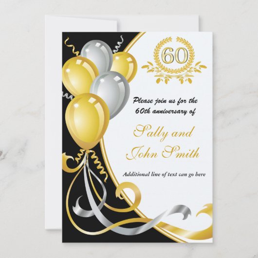 Invitation d'anniversaire 60 ans or et argent (Devant)