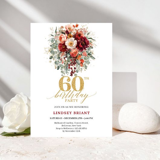 Invitation d'anniversaire 60 ans Or Rouge Profond
