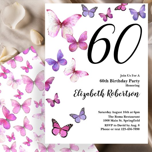 Invitation d'anniversaire 60 ans Papillon en Rose