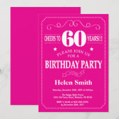 Invitation d'anniversaire 60 ans rose chaud et bla (Devant / Derrière)