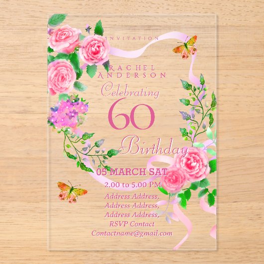 Invitation d'anniversaire 60 ans Ruban Rose Rose (Recto)