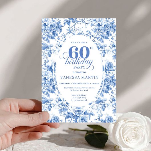 Invitation d'anniversaire 60 ans toile florale ble