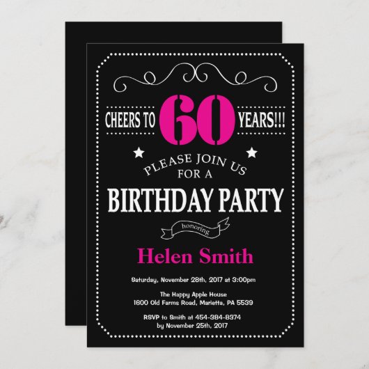 Invitation d'anniversaire 60e tableau noir rose ch (Devant / Derrière)