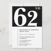 Invitation d'anniversaire 62 ans noir Élégant Chic (Devant)