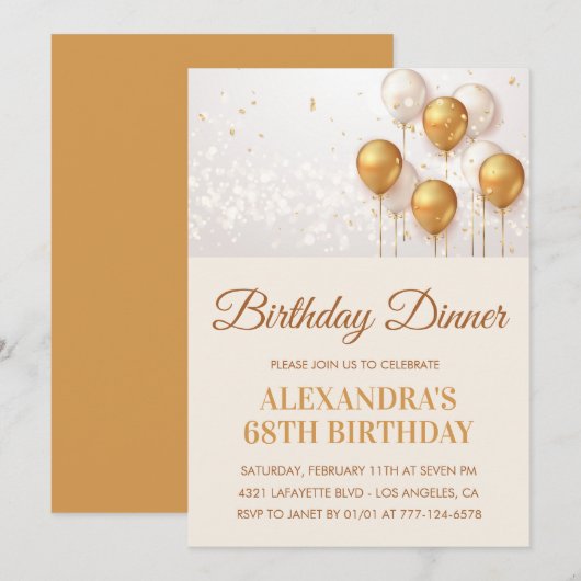 Invitation d'anniversaire 68 ans en or Dîner d'ann (Devant / Derrière)