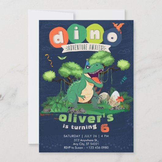 Invitation d'anniversaire 6 ans Aventure T-rex Ver (Devant)