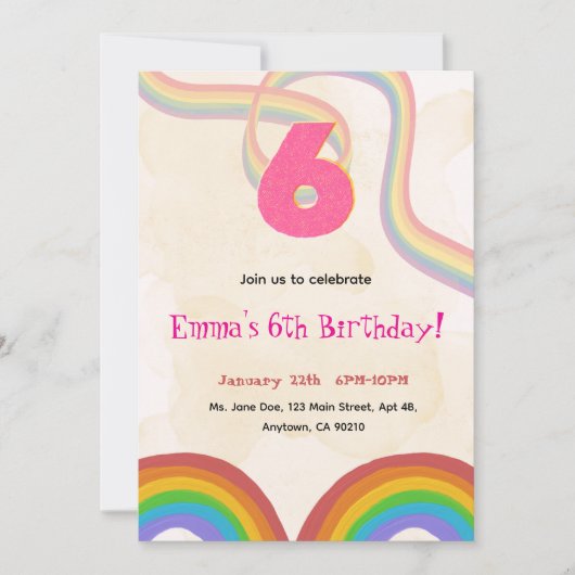 Invitation d'anniversaire 6 ans fille thème arc-en (Devant)
