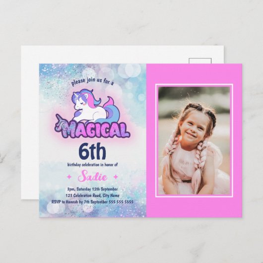 Invitation d'anniversaire 6 ans Licorne Rose Viole (Devant / Derrière)