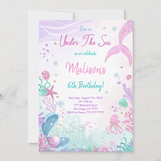 Invitation d'anniversaire 6 ans Sirène (Devant)