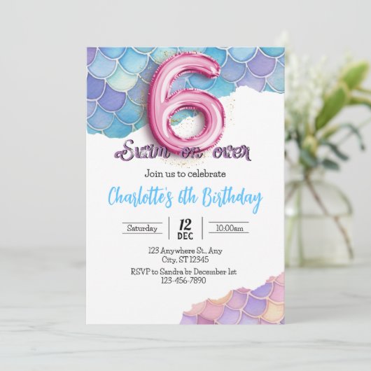 Invitation d'anniversaire 6 ans Sirène (Debout devant)