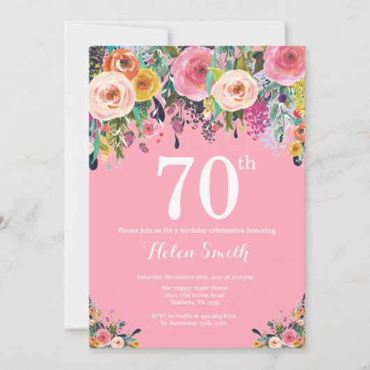 Invitation d'anniversaire 70 ans à fleurs roses (Devant)