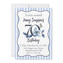 Invitation d'anniversaire 70 ans à rayures bleues