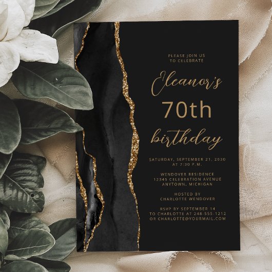 Invitation d'anniversaire 70 ans Black Gold Agate