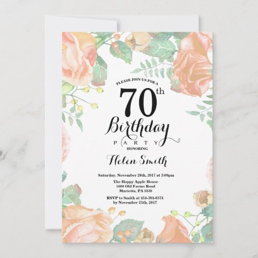 Invitation d'anniversaire 70 ans Fleur de Pêche Bo (Devant)