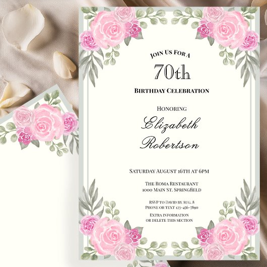 Invitation d'anniversaire 70 ans Fleurs Rose et Ve