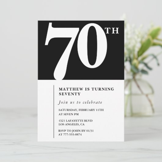 Invitation d'anniversaire 70 ans noir Élégant Chic (Debout devant)