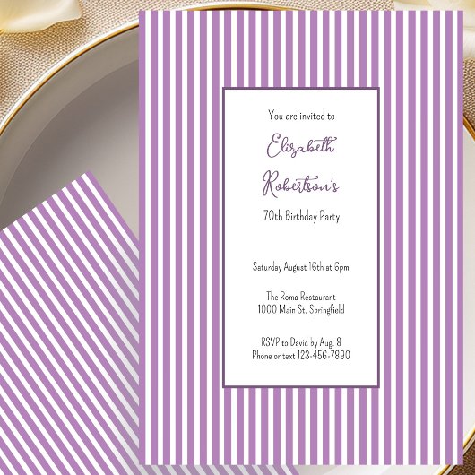 Invitation d'anniversaire 70 ans rayures violettes
