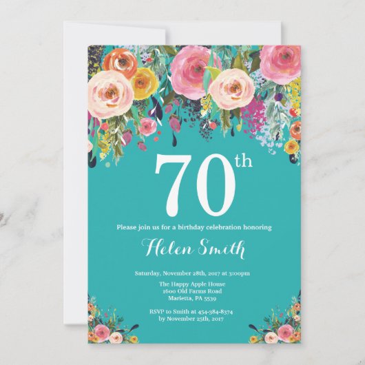 Invitation d'anniversaire 70 ans Teal Floral (Devant)