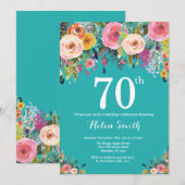 Invitation d'anniversaire 70 ans Teal Floral (Devant / Derrière)