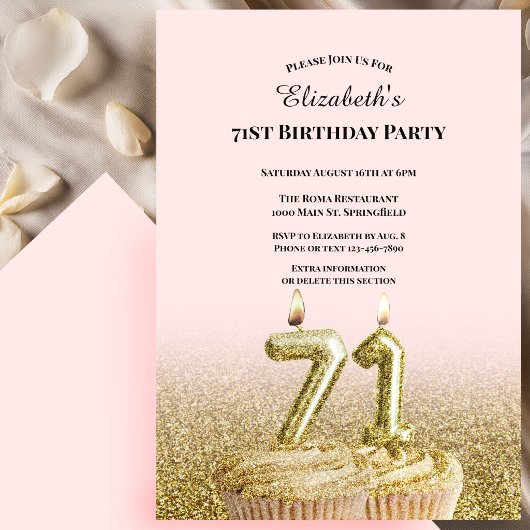 Invitation d'anniversaire 71 ans rose et or pour e