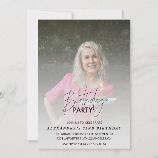 Invitation d'anniversaire 72 ans Photo grise (Devant)