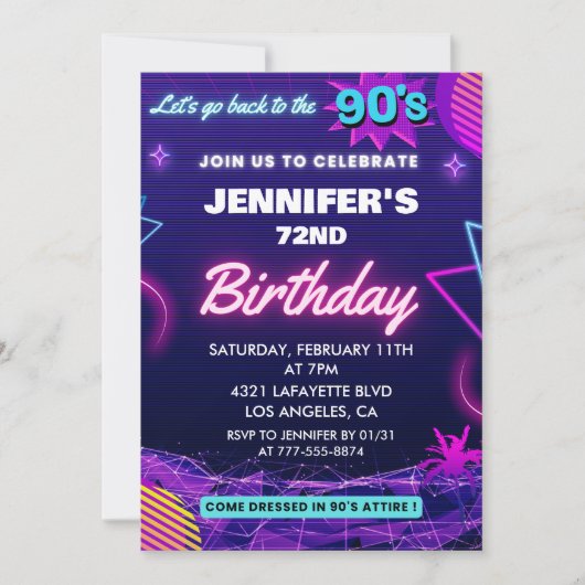 Invitation d'anniversaire 72 ans thème Rétro 90s (Devant)