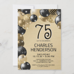 Invitation d'anniversaire 75 ans ballons or et noi