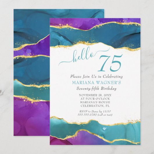 Invitation d'anniversaire 75 ans encre abstraite F (Devant / Derrière)