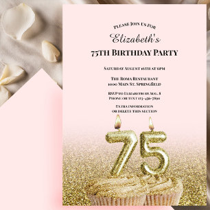 Invitation d'anniversaire 75 ans rose et or pour e