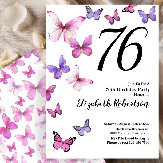 Invitation d'anniversaire 76 ans papillon en rose/