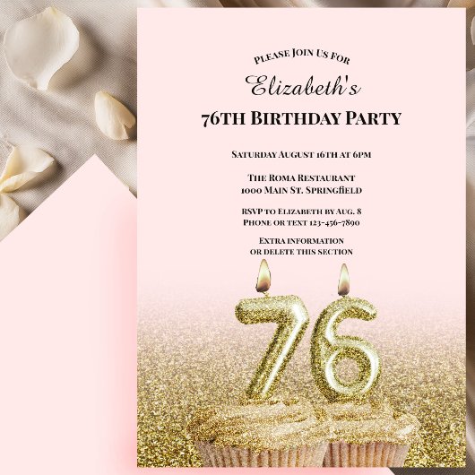 Invitation d'anniversaire 76 ans rose et or pour e