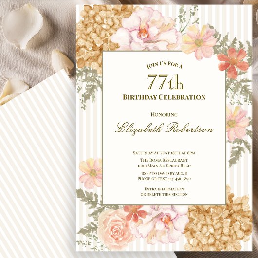 Invitation d'anniversaire 77 ans aux couleurs flor