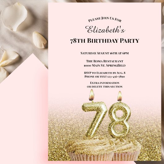 Invitation d'anniversaire 78 ans rose et or pour e
