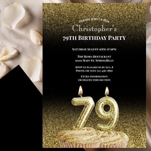 Invitation d'anniversaire 79 ans noir et or pour l