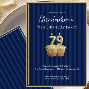 Invitation d'anniversaire 79 ans unique bleu or po