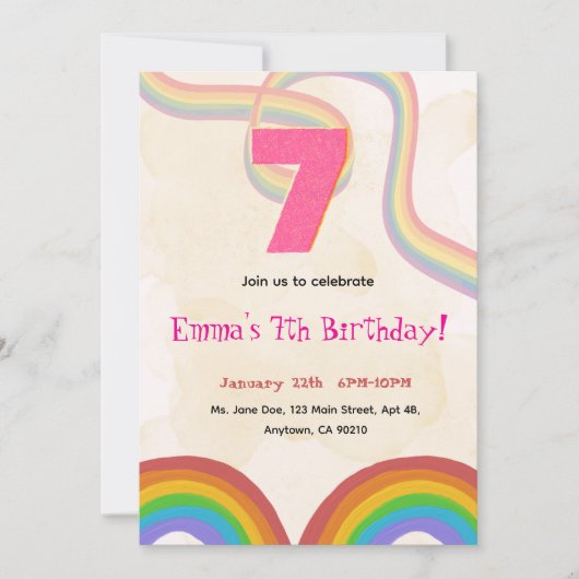 Invitation d'anniversaire 7 ans de Rainbow Girl (Devant)