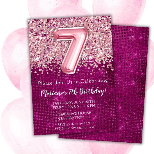 Invitation d'anniversaire 7 ans fille Magenta Rose